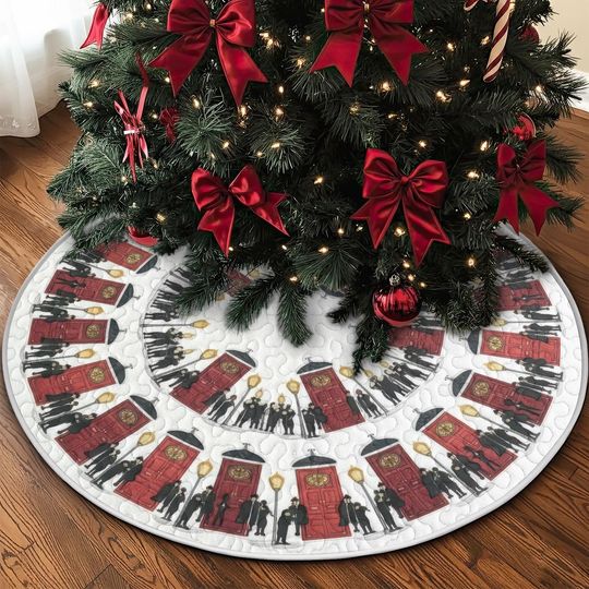 Discover Quilted Victorian Red Door Tree Skirt, White Holiday Carriage and People Design, Unique Vintage Christmas Quilt Decor, Durable Accent