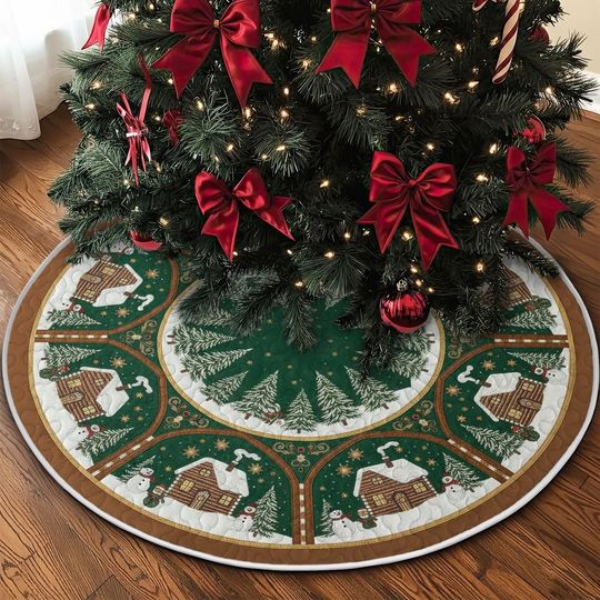 Discover Quilted Christmas Cabin Tree Skirt, Green Snowman Holiday Scene Design, Festive Red and Gold Quilt Decor, Durable Winter Xmas Accent
