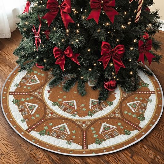 Discover Quilted Gingerbread House Tree Skirt, Brown White Candy Cane Design, Festive Holiday Baking Quilt Decor, Sweet Christmas Accent