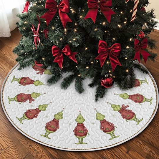 Discover Quilted Green Character Tree Skirt, Red Sweater and Scarf Holiday Figure Pattern, Durable Soft Fabric Christmas Home Accent Decoration