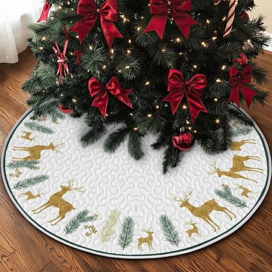 Discover Quilted Gold Glitter Deer Tree Skirt, Elegant Woodland Stag and Pine Needles Pattern, Durable Fabric Christmas Home Accent Decor