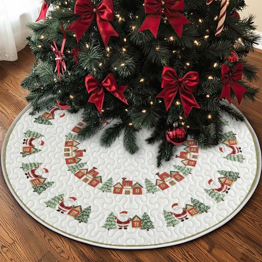 Discover Quilted Santa Claus Tree Skirt, Cozy Red and Green Houses and Pine Tree Village Pattern, Durable Fabric Christmas Holiday Home Decor