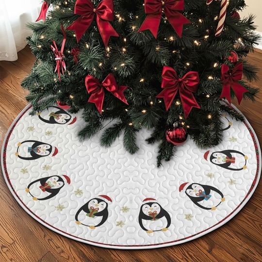 Discover Quilted Penguin Tree Skirt, Adorable Animal with Santa Hat and Gifts Pattern, Durable Fabric Christmas Holiday Home Floor Decor