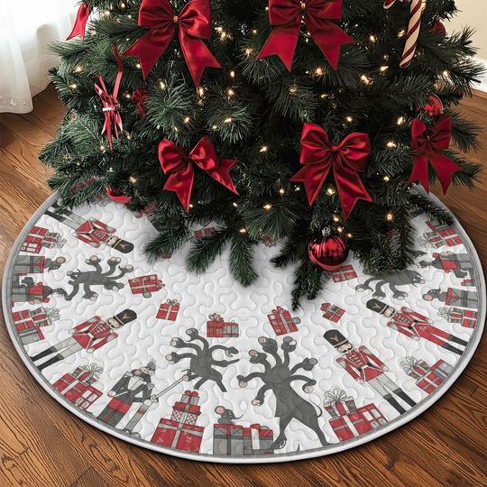 Discover Quilted Nutcracker Mouse King Tree Skirt, Classic Red Soldier and Gift Pattern, Soft Durable Fabric Christmas Decor for Holidays