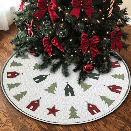 Discover Quilted Village Tree Skirt, Red and Green Cabin, Church, and Pine Tree Pattern, Durable Fabric Farmhouse Christmas Holiday Home Decor