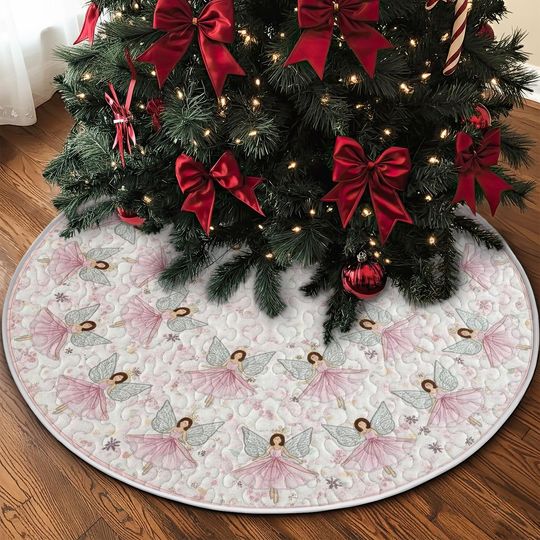 Discover Quilted Pink Fairy Nutcracker Tree Skirt, Soft Angel Watercolor Ballet Design, Durable Fabric Christmas Decor for Holiday Season