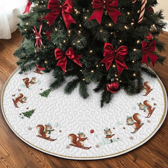 Discover Quilted Squirrel Skiing Tree Skirt, Cute Winter Animal Pattern, Soft Durable Fabric Christmas Holiday Home Decor for Woodland Theme