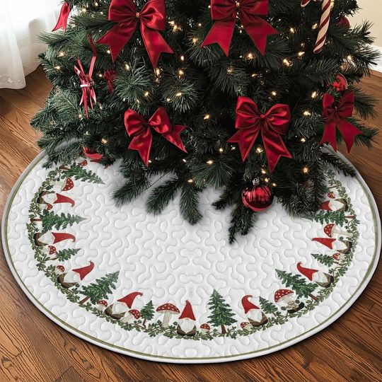 Discover Quilted Forest Gnome Tree Skirt, Charming Mushroom and Pine Tree Pattern, Durable Fabric Rustic Christmas Holiday Home Floor Decor