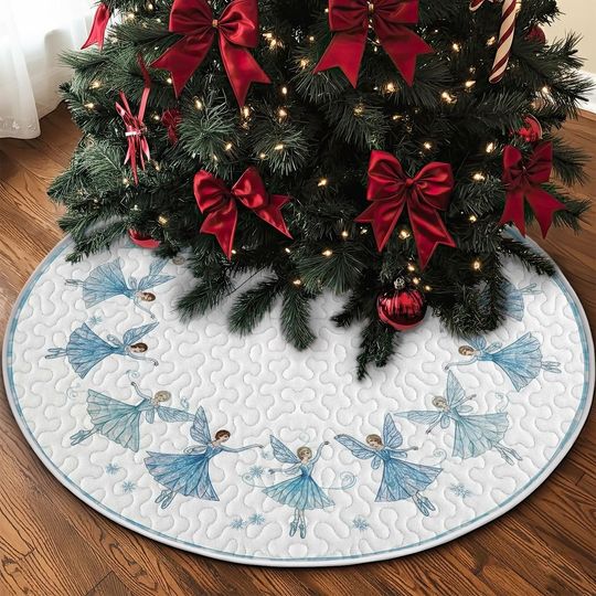 Discover Quilted Fairy Nutcracker Tree Skirt, Soft Blue Watercolor Ballet Angel Design, Durable Fabric Christmas Decor for Holidays