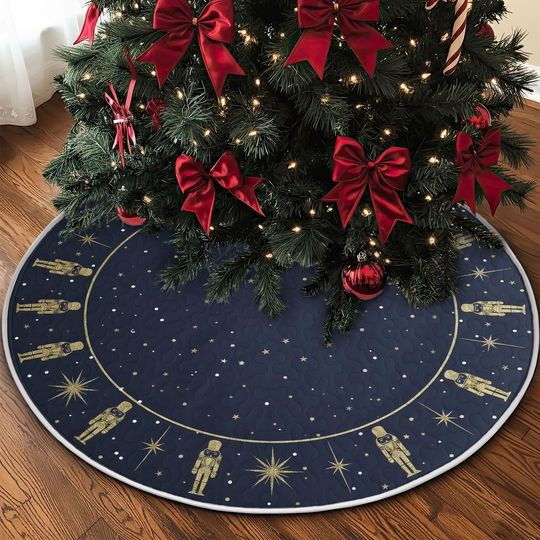 Quilted Nutcracker Star Tree Skirt, Navy Blue and Gold Sparkle Design, Durable Fabric Winter Christmas Holiday Floor Mat Decoration