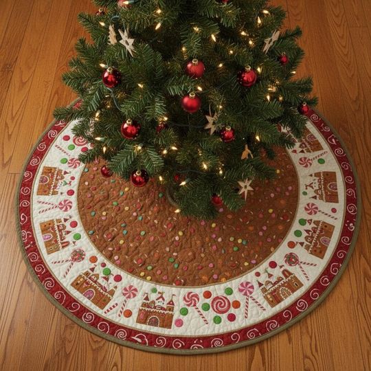 Discover Quilted Gingerbread Candy Tree Skirt, Festive Cookie Center with Candy Border, Holiday Baking Inspired Christmas Quilt Decor