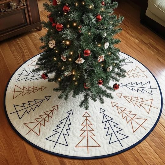 Discover Modern Geometric Christmas Tree Skirt, Ivory Quilt with Minimalist Tree Line Art, Contemporary Winter Holiday Decor
