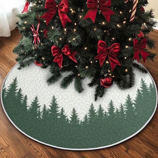 Quilt Evergreen Forest Christmas Tree Skirt, Green and Ivory Woodland Scene, Cozy Quilted Winter Decor, Rustic Holiday Tree Accent