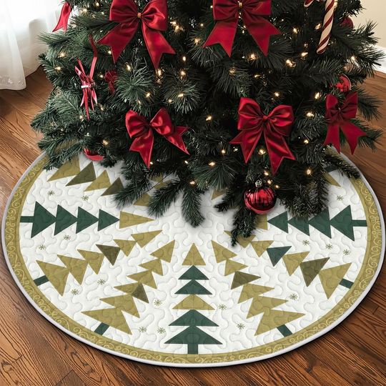 Discover Quilt Christmas Tree Skirt with Green and Gold Modern Pine Pattern, Ivory Quilted Winter Forest Design, Cozy Holiday Xmas Tree Decor