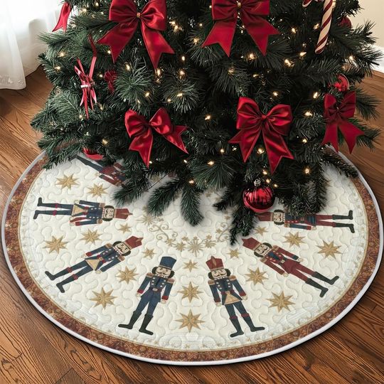 Discover Quilted Nutcracker Stars Christmas Tree Skirt, Cream Gold Winter Holiday Theme, Cozy Quilt Decor, Classic Christmas Tree Skirt