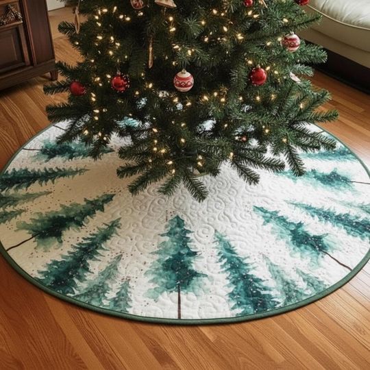 Discover Watercolor Pine Forest Quilt Christmas Tree Skirt, Soft Green Winter Woodland Scene, Cozy Quilted Holiday Decor, Xmas Home Accent