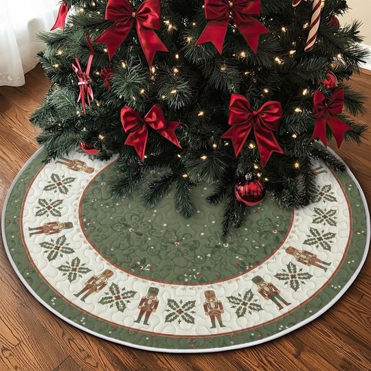 Discover Quilt Nutcracker Christmas Tree Skirt in Green and Ivory, Holiday Snowflake Pattern, Cozy Quilted Xmas Decor, Classic Family Christmas Skirt