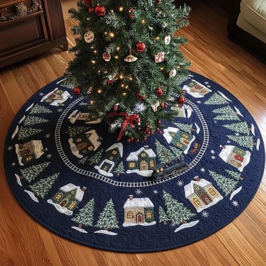 Quilt Winter Village Christmas Tree Skirt, Navy Blue Snow Town Scene with Train Track, Cozy Quilted Xmas Home Decor, Holiday Gift Idea