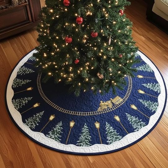 Discover Quilt Christmas Tree Skirt with Lampposts and Snowy Pines, Navy Winter Night Scene, Quilted Holiday Floor Decor, Cozy Xmas Decoration