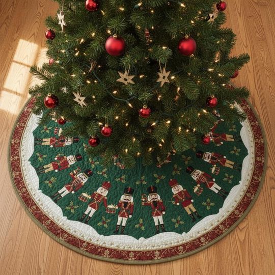 Discover Quilted Nutcracker Christmas Tree Skirt, Green Holiday Soldiers Pattern, Cozy Winter Quilt Decor, Classic Festive Christmas Tree Skirt