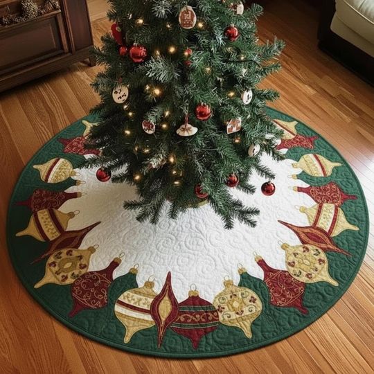 Discover Quilted Ornament Border Christmas Tree Skirt, Green Red Gold Holiday Bauble Theme, Cozy Winter Quilt Decor, Festive Christmas Skirt