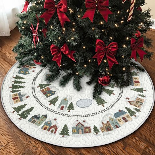 Discover Quilt Snowy Village Christmas Tree Skirt, Ivory Winter Town with Train Track, Cozy Quilted Holiday Decor, Charming Xmas Home Accent