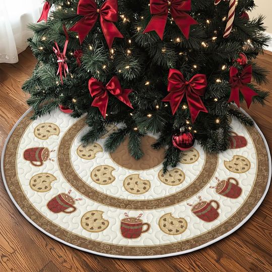 Discover Cozy Cookies and Cocoa Quilt Christmas Tree Skirt, Brown and Ivory Quilted Holiday Kitchen Theme, Warm Winter Xmas Home Decoration