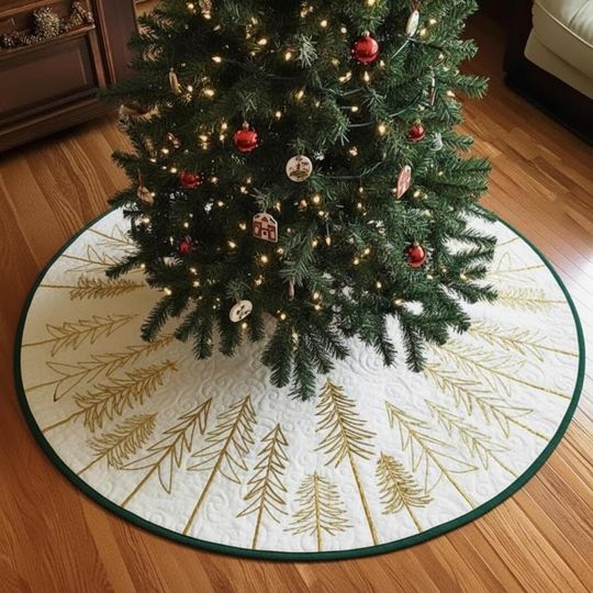 Discover Minimalist Gold Pine Christmas Tree Skirt, Ivory Quilted Holiday Decor, Modern Winter Forest Pattern, Cozy Xmas Home Decoration