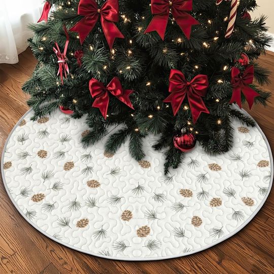 Discover Quilted Pinecone Christmas Tree Skirt, Neutral Winter Forest Theme, Cozy Minimalist Quilt Decor, Natural Rustic Christmas Skirt