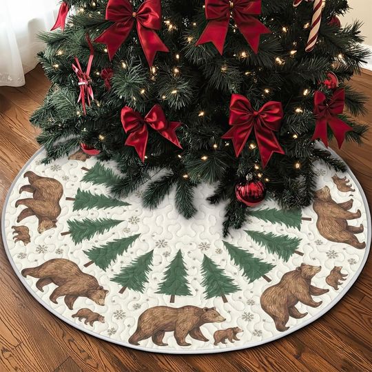 Discover Quilted Bear Forest Christmas Tree Skirt, Woodland Green Pine Winter Scene, Cozy Holiday Quilt Tree Decor, Rustic Family Christmas Skirt