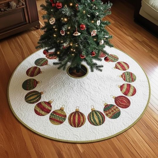 Discover Quilted Christmas Ornament Tree Skirt, Red Green Gold Holiday Baubles, Classic Festive Border Design, Cozy Quilted Winter Home Decor