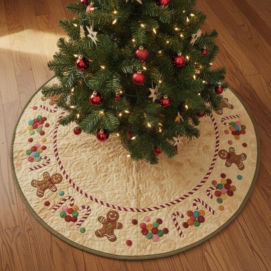 Discover Quilted Gingerbread Man Tree Skirt, Candy Cane & Sprinkles Border, Cute Christmas Baking Theme, Cozy Quilted Holiday Decoration