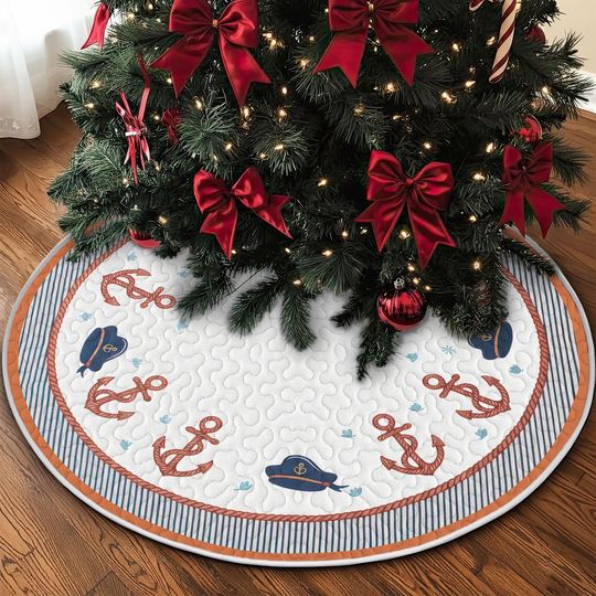 Quilted Nautical Anchor Tree Skirt, Coastal Holiday Decor with Navy & Copper Accents, Beach-Themed Christmas Quilt Decoration