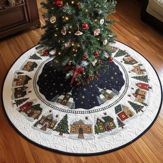 Discover Quilted Winter Village Tree Skirt, Night Sky Christmas Town Scene, Cozy Snow Village Theme, Soft Quilted Holiday Decor for Family Homes