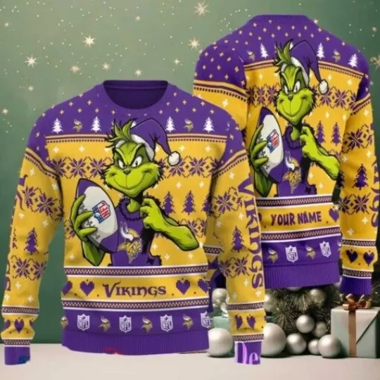 Discover Vikings funny character Stole With Ball Grin Football Team Ugly Christmas Sweater
