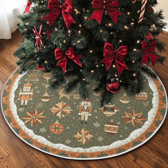 Discover Quilt Nutcracker and Ornaments Christmas Tree Skirt, Green and Orange Winter Pattern, Cozy Quilted Holiday Decor, Festive Xmas Accent