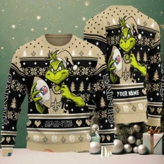 Discover Saints funny character Stole With Ball Grin Football Team Ugly Christmas Sweater