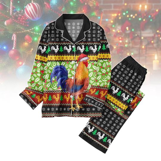 Discover Chicken Santa Hat Pajama Set, Christmas Rooster Pjs, Holiday Loungewear Gift for Her