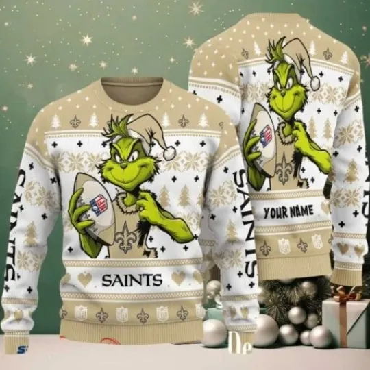 Saints funny character Stole With Ball Grin Football Team Ugly Christmas Sweater