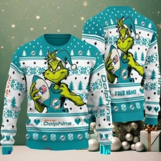 Discover Dolphins funny character Stole With Ball Grin Football Team Ugly Christmas Sweater