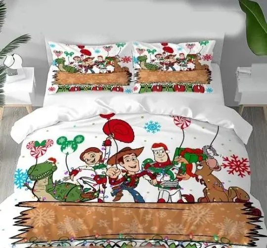 Discover Pixar Toy Story Characters Mickey Balloons Merry Christmas Holiday Bedding Set