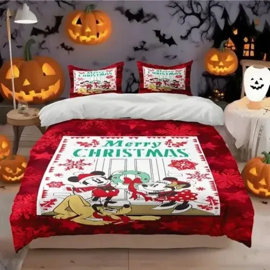 Discover Mickey Minnie And Pluto Dog Merry Christmas Cartoon Holiday Gift Bedding Set