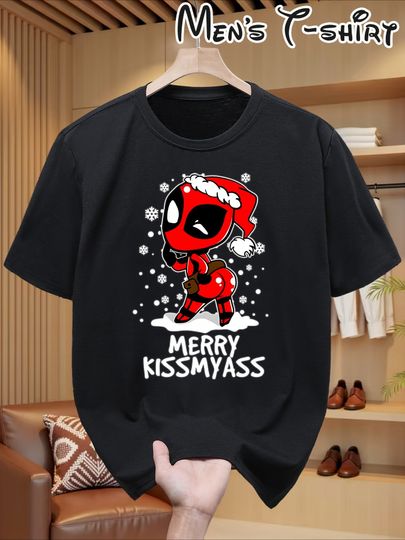 Discover MARVEL Men's Deadpool Christmas T-Shirt - Funny "Merry Kissmyass" Red & White Comic Design with Deadpool As Deathstroke, Casua