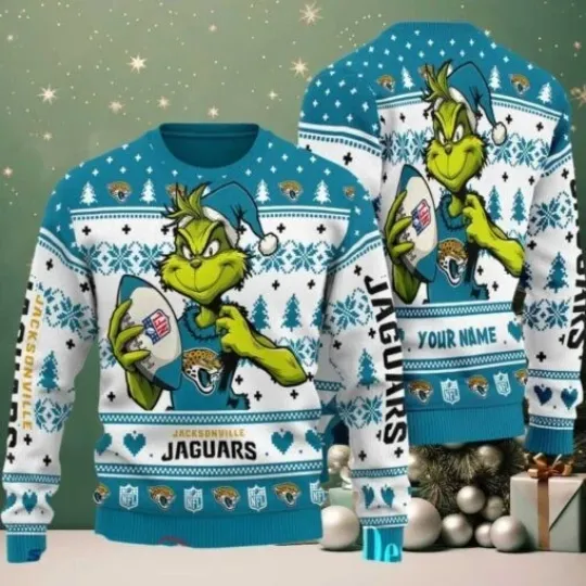Discover Jaguars funny character Stole With Ball Grin Football Team Ugly Christmas Sweater