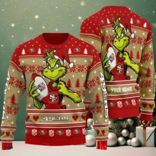 49ers funny character Stole With Ball Grin Football Team Ugly Christmas Sweater