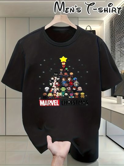 Men'S Marvel Christmas Graphic T-Shirt - Lightweight Breathable Round Neck Tee with Superhero Characters, Regular Fit Casual