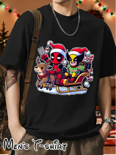 Discover Deadpool & Wolverine Men's Patterned Christmas T-shirt, 100% Pure Cotton High-quality, Designed By Official Marvel Superheroes
