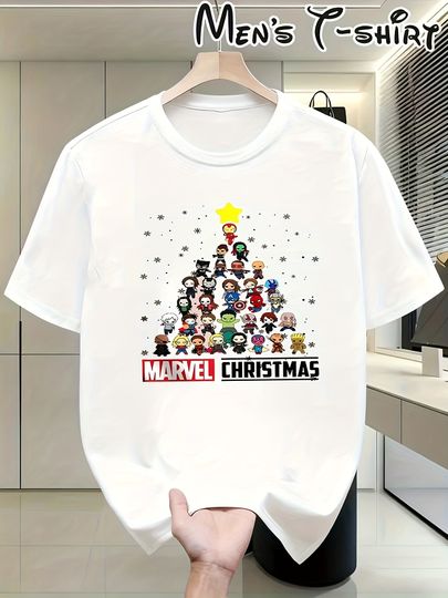 Discover Marvel Men's Patterned Christmas T-shirt, Lightweight and Breathable Round-neck Superhero T-shirt, Ordinary Casual Cut