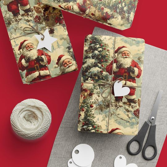 Vintage Santa Wrapping Paper Christmas Gift Wrap Holiday Paper Santa Claus Snow Winter Wonderland Gift Wrap Vintage Style Santa Paper Rolls