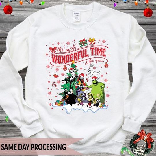 Discover The Most Wonderful Time Of The Year Sweatshirt, Santa Hat Jack Skellington Jumper, Nightmare Before Christmas Jumper